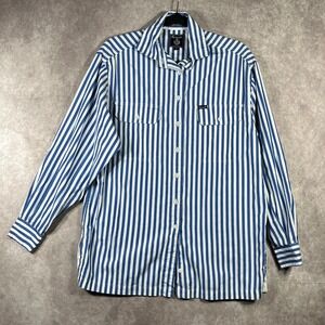 Faconnable Shirt Womens Medium Blue White Striped Button Up Long Sleeve Pockets